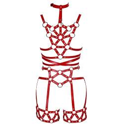 BBOHSS Punk Leder Frauen Ganzkörper Harness Taille Bralette und Strumpfgürtel Halloween Mode Unterwäsche Gothic Strumpfband Tanzkostüm (rot) von BBOHSS