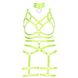 Damen Body Harness BH Mode Übergröße Käfig BH Ausschnitt Strümpfe Strumpfband Set Punk Gothic Karneval Tanzkostüm (Leuchtendes Grün) von BBOHSS