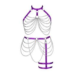 Damen Body Harness BH Plus Size Käfig BH Strümpfe Mode Strumpfband Set Punk Gothic Karneval Tanzkostüm (lila) von BBOHSS