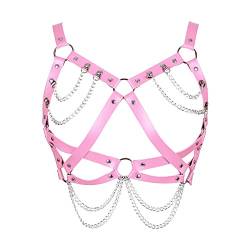 Damen Body Harness Leder BH Punk Aushöhlen Verstellbar Metallkette BH Festival Karneval Gothic Halloween Tanzkostüm (Orange) (Rosa) von BBOHSS