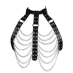 Damen Body Harness Mode Leder BH Punk Metall Ketten BH Festival Karneval Gothic Halloween Tanzkostüm (Schwarz) von BBOHSS