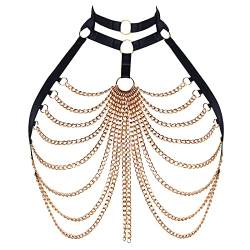 Damen Körper Harness BH Plus Größe Hohl Metall Kette Mode Punk BH Gothic Halloween Tanz Kostüm (Schwarz+Gold D) von BBOHSS