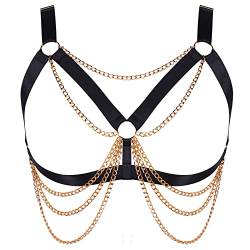 Damen Körper Harness BH Plus Größe Hohl Metall Kette Mode Punk BH Gothic Halloween Tanz Kostüm (Schwarz+Gold E) von BBOHSS