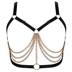 Damen Körper Harness BH Plus Größe Hohl Metall Kette Mode Punk BH Gothic Halloween Tanz Kostüm (Schwarz+Gold J) von BBOHSS