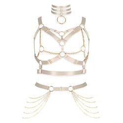 Damen Körper Harness BH Plus Size Mode Metall Kette Strümpfe Strumpfband Set Punk Gothic Karneval Halloween Tanz Kostüm (Hellgelb+Gold) von BBOHSS