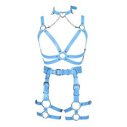 Damen Körper Harness Leder Punk BH Mode Cupless Hohl Strumpfband Set Gothic Halloween Karneval Tanz Kostüm (Himmelblau) von BBOHSS