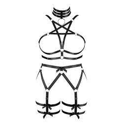 Damen Körper Harness Pentagram BH Plus Größe Hohl Mode Strumpfband BH Set Punk Gothic Karneval Halloween Weihnachtskostüm (Schwarz) von BBOHSS