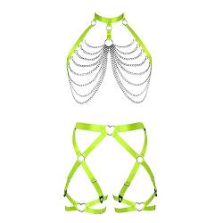 Damen Körper Harness Punk BH Hohl Cupless Mode Strumpfband Set Gothic Halloween Karneval Kostüm (Fluoreszierendes Grün) von BBOHSS