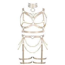 Damen Körper Harness Punk BH Plus Size Mode Hohl Strumpfband Set Gothic Halloween Karneval Club Kostüm (Hellgelb) von BBOHSS