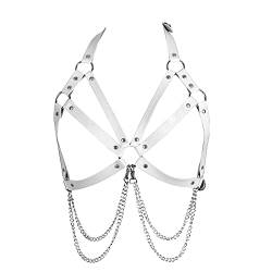 Damenmode Leder Harness Punk BH Punk Gothic Karneval Metallketten BH Weihnachten Tanz Halloween BH Kostüm (Weiß) von BBOHSS