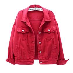 BBOOY Oversize-Jeansjacken für Damen, lose, langärmlige Jean-Jacke mit modischer Zerrissenheit, lässige Basic-Jeansjacke mit kurzer Waschung,Rot,3 von BBOOY