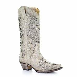BBOOY Western-Cowboystiefel mit weiten Waden, modische Spitze Zehe mit klobigem Absatz, Strass-Stiefel mit halber Wade, Winter-Slip-on-Westernstiefel mit bestickter Spitze,Weiß,38 von BBOOY