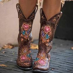 BBOOY Westernstiefel für Damen, Cowboy-Cowgirl-Cowgirl-Stiefel mit halbhohem Absatz, Winterreitstiefel mit quadratischer Zehenstickerei,Braun,40 von BBOOY