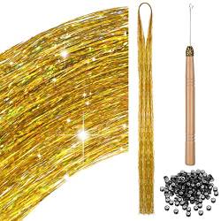 200 Haar Lametta mit Werkzeug Lametta Haarverlängerung Glitzer Haarteil zum Flechten Haarsträhne Kit für Frauen Mädchen Kinder Cosplay Party Zubehör (Gold) von BBTO