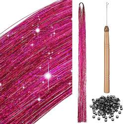 200 Haar Lametta mit Werkzeug Lametta Haarverlängerung Glitzer Haarteil zum Flechten Haarsträhne Kit für Frauen Mädchen Kinder Cosplay Party Zubehör (Rosenrot) von BBTO