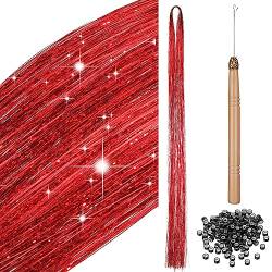 200 Haar Lametta mit Werkzeug Lametta Haarverlängerung Glitzer Haarteil zum Flechten Haarsträhne Kit für Frauen Mädchen Kinder Cosplay Party Zubehör (Rot) von BBTO