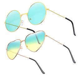 70er Jahre Hippie Sonnenbrillen 2 Stücke Metall Rahmen Sonnenbrillen Kreis und Herz Hippie Sonnenbrillen Grüne und Gelbe Gerahmte Gläser Hippie Brille für Frauen Hippie Verkleid Zubehör von BBTO