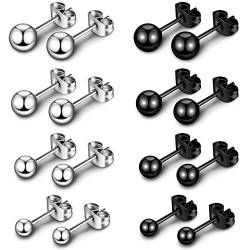 8 Paar Runde Ohrstecker für Damen Titanstahl Silber Kugel Ohrringe Kleine Schwarze Kugel Ohrstecker für Mädchen, 3 mm 4 mm 5 mm 6 mm von BBTO