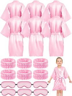 BBTO 18 Stück Mädchen Spa Zubehör 6 Kinder Satin Seide Kimono Robe 6 Spa Gesicht Stirnband 6 Augenmaske (Rosa, Größe 8) von BBTO