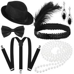 BBTO 1920er Flapper Stirnband 20er Kostüm Zubehör Set Vintage Frauen Feder Kopfschmuck Ohrring Halskette Männer Fedora Hut Kostüm Y Rücken Hosenträger und Vorgebundene Fliege für Kostüm von BBTO