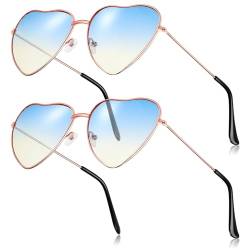 BBTO 2 Stück Hippie Herz Sonnenbrille 70er Jahre Sonnenbrille für Damen Dünner Metall Rahmen Hippie Stil Sonnenbrille Schöne Herz Brille Vintage Retro Brille für Tanz (Blau und Gelb) von BBTO