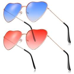 BBTO 2 Stück Hippie Herz Sonnenbrille 70er Jahre Sonnenbrille für Damen Dünner Metall Rahmen Hippie Stil Sonnenbrille Schöne Herz Brille Vintage Retro Brille für Tanz (Blau und Rosa) von BBTO
