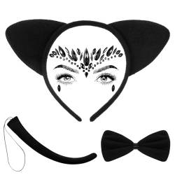 BBTO 4 Stück Katzenkostüm Set Katzenohren Haarreif Schwanz Fliege und Augen Gesicht Edelstein Halloween Tierkostüm Set für Frauen Mädchen Katzenohren Kostüm für Karneval Halloween, Schwarz (Lebendig) von BBTO