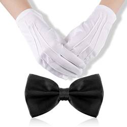 BBTO Fliege und Handschuhe Set Weiß Uniform Handschuhe und Schwarz Satin Fliege für Herren Anzug Vorgebunden Verstellbar Fliege von BBTO