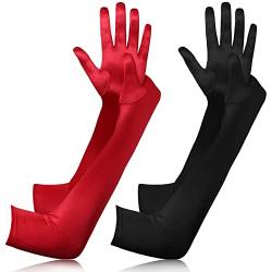 BBTO Lange Rote Schwarze Abendhandschuhe 2 Paar Elastische Elasthan Handschuhe von BBTO