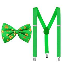 BBTO St Patrick's Day Hosenträger Fliege Set Y Form Verstellbare Hosenträger Anschnallen Grüne Hosenträger Schulter Gurte und Kleeblatt Goldenen Pailletten Fliege Patrick Kostüm Fliege Sets von BBTO