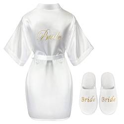 Bride Morgenmantel und Bride Hausschuhe Braut Brautjungfer Kurze Weiße Satin Braut Robe Hausschuhe für Frauen Mädchen (M) von BBTO