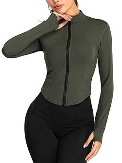 Damen Gym Crop Tops Yoga Tank Tops Workout Zip Up Jacke Damen Slim Fit Skinny Running Tops, Army Green Langarm, Small von BBTRE