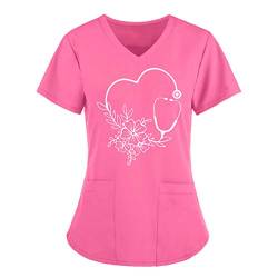 BBVP Krankenhaus Schlupfhemd Bluse Kurzarm V-Ausschnitt Kasack Damen Pflege Liebe Motiv Bunt Arzt Uniform Berufsbekleidung Krankenschwester Kleidung Plus Size Nurse Uniformen, A-rosa, 3XL von BBVP