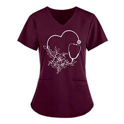 BBVP Krankenhaus Schlupfhemd Bluse Kurzarm V-Ausschnitt Kasack Damen Pflege Liebe Motiv Bunt Arzt Uniform Berufsbekleidung Krankenschwester Kleidung Plus Size Nurse Uniformen, A-wein, 4XL von BBVP