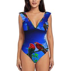 BBYCKS Papageien-Badeanzug für Damen, gerüscht, V-Ausschnitt, einteiliger Badeanzug, gerüschter Bauch, Badeanzug, Schwarz , M von BBYCKS