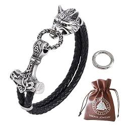 BBYOUTH 3D Viking Wolfskopf Armband Für Männer, Leder 316L Edelstahl Nordische Mythologie Thors Hammer Talisman Schmuck,Wolf and mjolnir,7.28inch von BBYOUTH