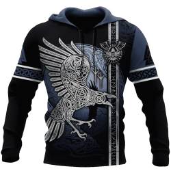 BBYOUTH Herren Wikinger Hoodie, 3D Bedruckter Nordischer Mythos Tattoo Cosplay Pullover Vikings Fanartikel(USA Größe),Raven Valknut,5XL von BBYOUTH