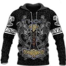 BBYOUTH Herren Wikinger Hoodie, 3D Bedruckter Nordischer Mythos Tattoo Cosplay Pullover Vikings Fanartikel(USA Größe),Thor Hammer,XL von BBYOUTH