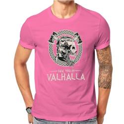 BBYOUTH Wikinger T-Shirt für Herren See You In Valhalla Skelett Tattoo Sommer Kurzarm Cosplay Buntes Baumwollhemd,Rosa,XL von BBYOUTH