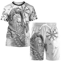 Odin Raven und Wolf Wikinger Kleidung Herren Cosplay Kapuzen Mantel 3D Gedruckt Shirt - Nordische Mythos Thema Kostüm,Shirt Short Set,3XL von BBYOUTH
