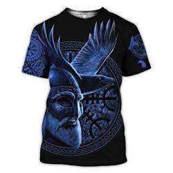Wikinger T-Shirt, 3D Bedruckter Nordischer Mythos Thor Hammer Fenrir Wolf Tattoo Kurzarm Cosplay Shirt (11 USA Größe),Odin Blue,M von BBYOUTH