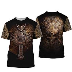 Wikinger T-Shirt, 3D Bedruckter Nordischer Mythos Thor Hammer Fenrir Wolf Tattoo Kurzarm Cosplay Shirt (11 USA Größe),Odin Skull,5XL von BBYOUTH