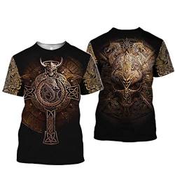 Wikinger T-Shirt, 3D Bedruckter Nordischer Mythos Thor Hammer Fenrir Wolf Tattoo Kurzarm Cosplay Shirt (11 USA Größe),Odin Skull,7XL von BBYOUTH