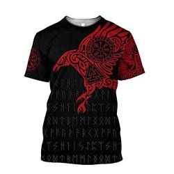 Wikinger T-Shirt, 3D Bedruckter Nordischer Mythos Thor Hammer Fenrir Wolf Tattoo Kurzarm Cosplay Shirt (11 USA Größe),Red Ravens,5XL von BBYOUTH