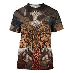 Wikinger T-Shirt, 3D Bedruckter Nordischer Mythos Thor Hammer Fenrir Wolf Tattoo Kurzarm Cosplay Shirt (11 USA Größe),Yggdrasil,6XL von BBYOUTH