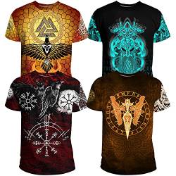 Wikinger T-Shirt 4er Pack für Herren, 3D-Druck Nordischer Mythos Odin Tattoo Sommer Ultra Dünn Fun Kurzarm (USA Größe),Gungnir Raven,XXL von BBYOUTH