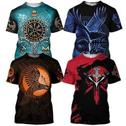 Wikinger T-Shirt 4er Pack für Herren, 3D-Druck Nordischer Mythos Odin Tattoo Sommer Ultra Dünn Fun Kurzarm (USA Größe),Yggdrasil Mjolnir,7XL von BBYOUTH