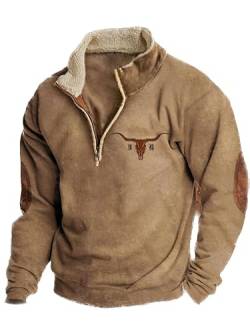 Herren Western Fleecejacke Cowboy Bull Head Print Pullover 1/4 Reißverschluss Stehkragen Langarm Country Sweatshirts A1 XL von BBauer