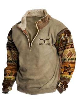 Herren Western Fleecejacke Cowboy Bull Head Print Pullover 1/4 Reißverschluss Stehkragen Langarm Country Sweatshirts A2 L von BBauer