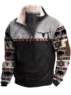 Herren Western Fleecejacke Cowboy Bull Head Print Pullover 1/4 Reißverschluss Stehkragen Langarm Country Sweatshirts A3 XL von BBauer